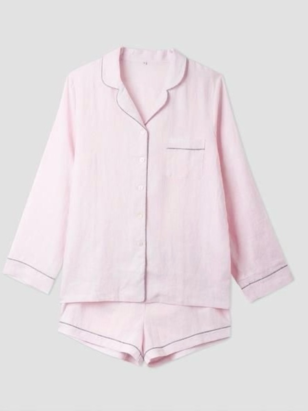 Piglet in Bed French Flax Linen Pajama Set Blush Pink Gray Piping XS
